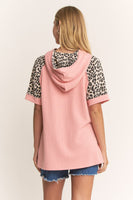 Heimish Ribbed Knit Hooded Top with Contrasting Leopard Print in Salmon