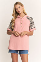 Heimish Ribbed Knit Hooded Top with Contrasting Leopard Print in Salmon