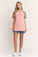 Heimish Ribbed Knit Hooded Top with Contrasting Leopard Print in Salmon