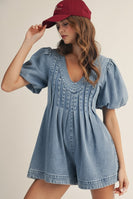 LovLov Washed Puff Sleeve Vintage Denim Romper in Light Denim