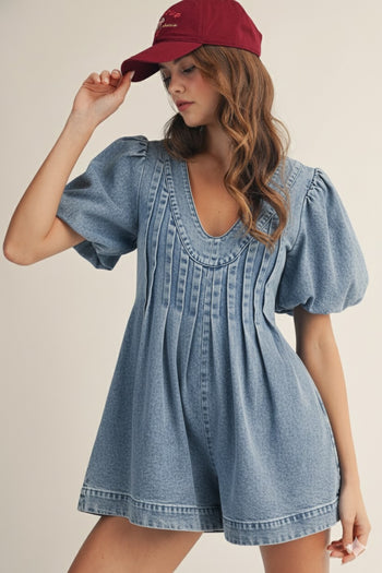 LovLov Washed Puff Sleeve Vintage Denim Romper in Light Denim