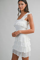 MABLE Square Neck Ruffle Tiered Knit Mini Dress in Off White