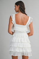 MABLE Square Neck Ruffle Tiered Knit Mini Dress in Off White