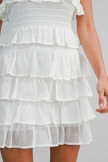 MABLE Square Neck Ruffle Tiered Knit Mini Dress in Off White