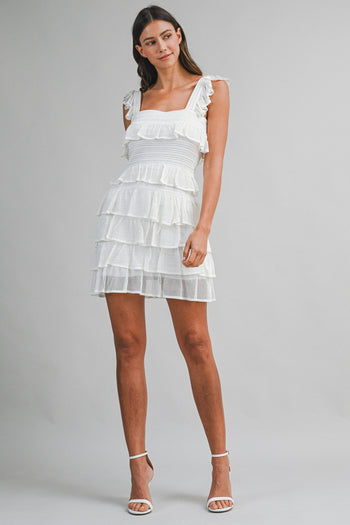 MABLE Square Neck Ruffle Tiered Knit Mini Dress in Off White