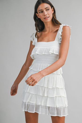 MABLE Square Neck Ruffle Tiered Knit Mini Dress in Off White
