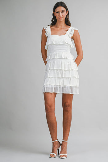 MABLE Square Neck Ruffle Tiered Knit Mini Dress in Off White