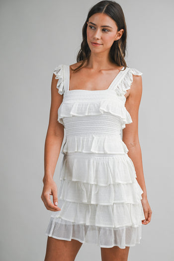 MABLE Square Neck Ruffle Tiered Knit Mini Dress in Off White