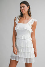 Load image into Gallery viewer, MABLE Square Neck Ruffle Tiered Knit Mini Dress in Off White
