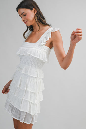 MABLE Square Neck Ruffle Tiered Knit Mini Dress in Off White