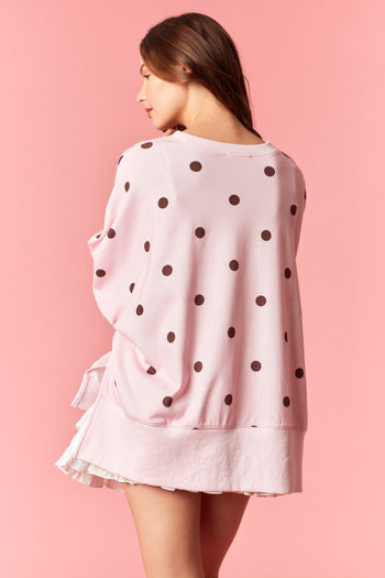 Peach Love OVERSIZD Polka Dot Printed French Terry Sweatshirt in Light Pink/ Burgundy