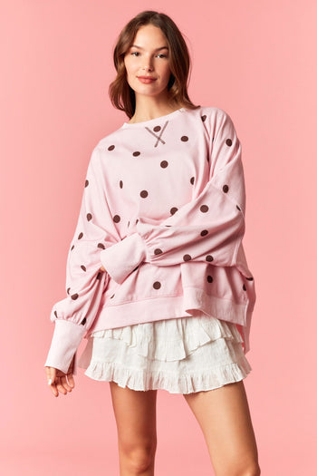 Peach Love OVERSIZD Polka Dot Printed French Terry Sweatshirt in Light Pink/ Burgundy