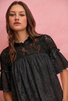 So Me Lace Ruffled Short Sleeves Swing Top in Black
