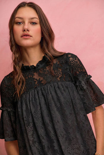 So Me Lace Ruffled Short Sleeves Swing Top in Black