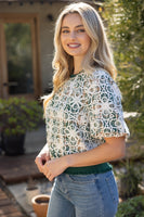 VOY Floral Embroidered Plaid Bubble Sleeve Top in Green