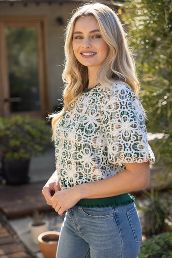VOY Floral Embroidered Plaid Bubble Sleeve Top in Green