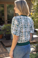 VOY Floral Embroidered Plaid Bubble Sleeve Top in Green