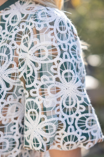 VOY Floral Embroidered Plaid Bubble Sleeve Top in Green