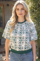 VOY Floral Embroidered Plaid Bubble Sleeve Top in Green
