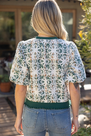 VOY Floral Embroidered Plaid Bubble Sleeve Top in Green