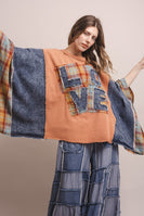 BlueVelvet Love Patchwork Poncho Sleeve Top in Coral Denim