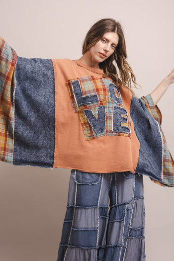 BlueVelvet Love Patchwork Poncho Sleeve Top in Coral Denim