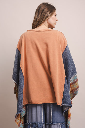 BlueVelvet Love Patchwork Poncho Sleeve Top in Coral Denim