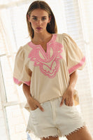 Oddi Cotton Poplin Top with Contrasting Embroidery Details in Ecru