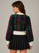 Load image into Gallery viewer, So Me Christmas Checkered Sweater Knit Cardigan with Velvet Bows in Black/Multi
