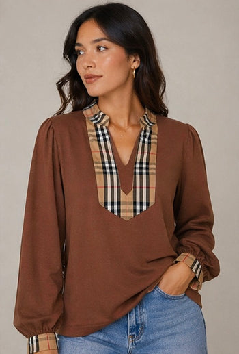 Jodifl Solid Color Knit Top with Contrasting Plaid Accents in Brown