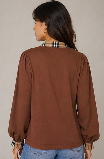 Jodifl Solid Color Knit Top with Contrasting Plaid Accents in Brown