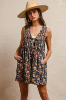 BiBi Washed Denim Floral Print Romper in Denim