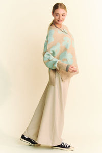 Davi & Dani OVERSIZED Knit Sweater with Floral Print in Taupe/Mint