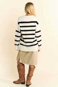 Davi & Dani Striped Loose Fit Collared Sweater in White