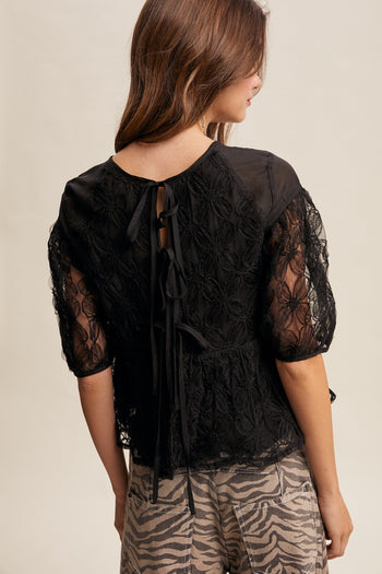 Listicle Floral Embroidered Sheer Peplum Top in Black