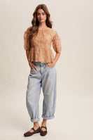 Listicle Floral Embroidered Sheer Peplum Top in Ginger