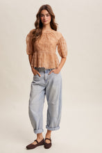 Load image into Gallery viewer, Listicle Floral Embroidered Sheer Peplum Top in Ginger
