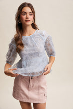 Load image into Gallery viewer, Listicle Floral Embroidered Sheer Peplum Top in Misty Blue
