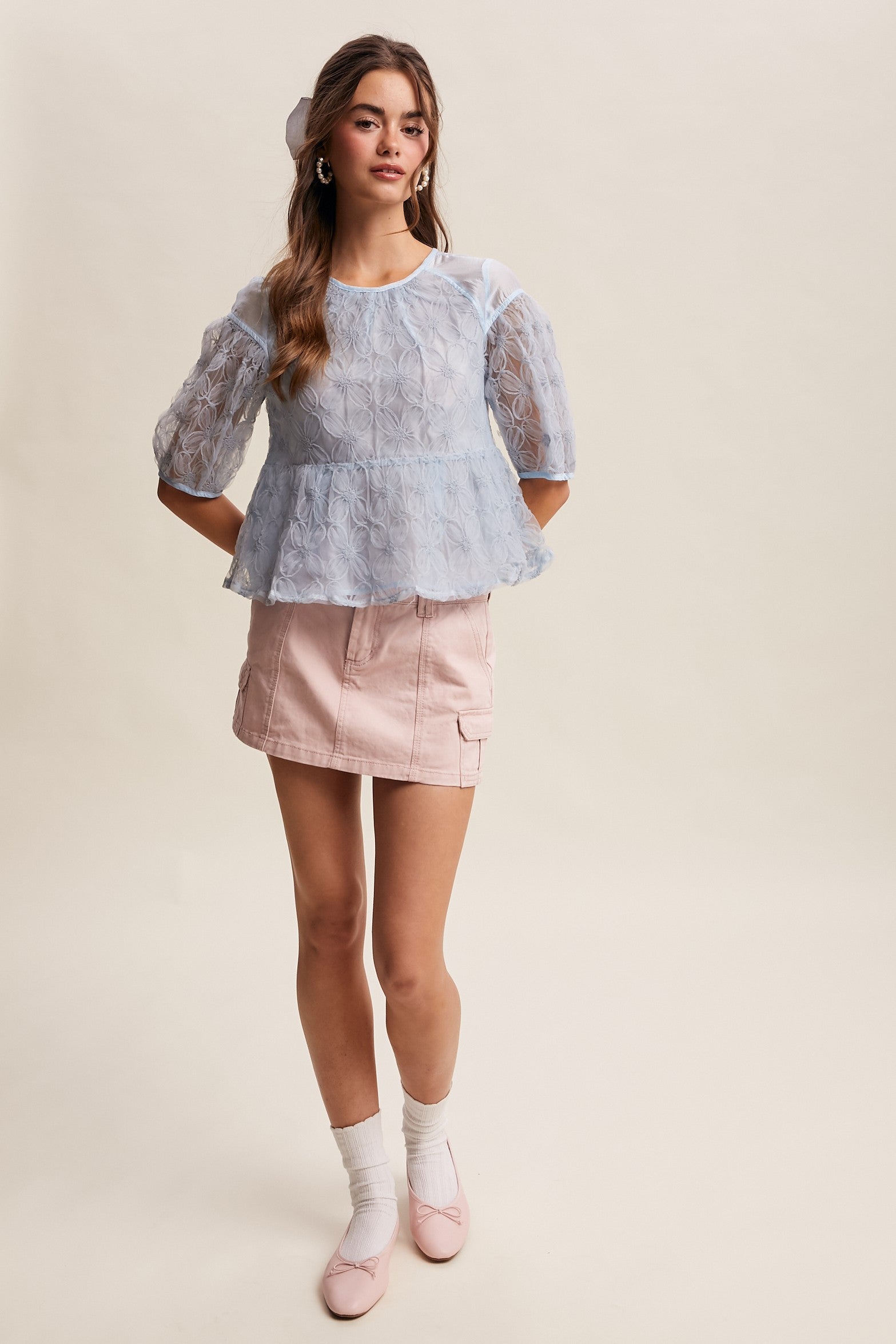 Listicle Floral Embroidered Sheer Peplum Top in Misty Blue – June Adel