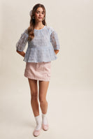 Listicle Floral Embroidered Sheer Peplum Top in Misty Blue