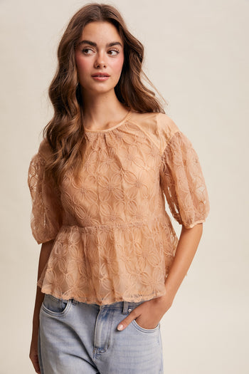 Listicle Floral Embroidered Sheer Peplum Top in Ginger