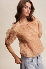 Load image into Gallery viewer, Listicle Floral Embroidered Sheer Peplum Top in Ginger

