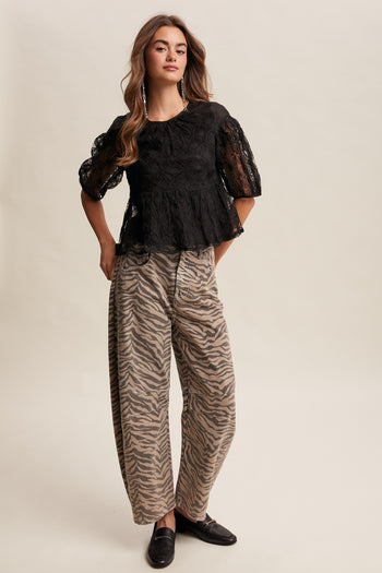 Listicle Floral Embroidered Sheer Peplum Top in Black