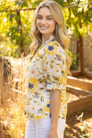 VOY Ruffled V Neck Floral Print And Embroidery Top in Yellow