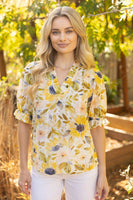 VOY Ruffled V Neck Floral Print And Embroidery Top in Yellow