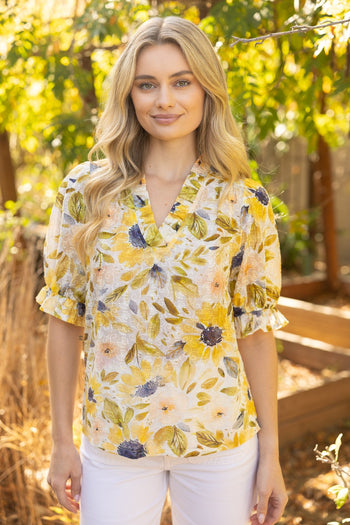 VOY Ruffled V Neck Floral Print And Embroidery Top in Yellow