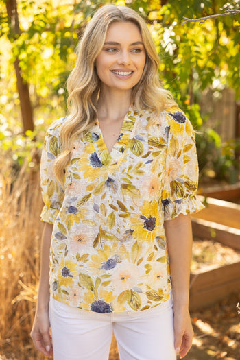 VOY Ruffled V Neck Floral Print And Embroidery Top in Yellow