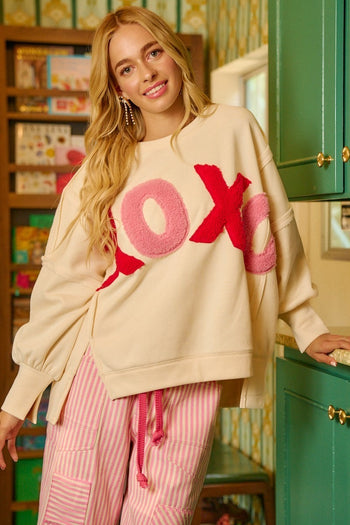 BiBi OVERSIZED French Terry Top with "XOXO" Letter Patches in Ivory
