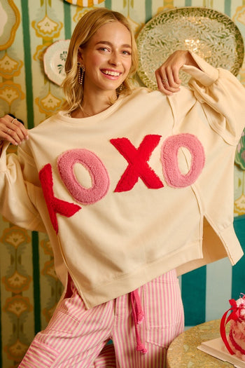 BiBi OVERSIZED French Terry Top with "XOXO" Letter Patches in Ivory