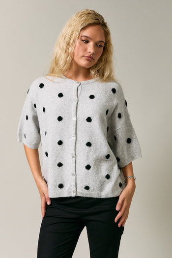 Le Lis Polka Dot Lightweight Sweater Cardigan in Heather Grey-Black Dot